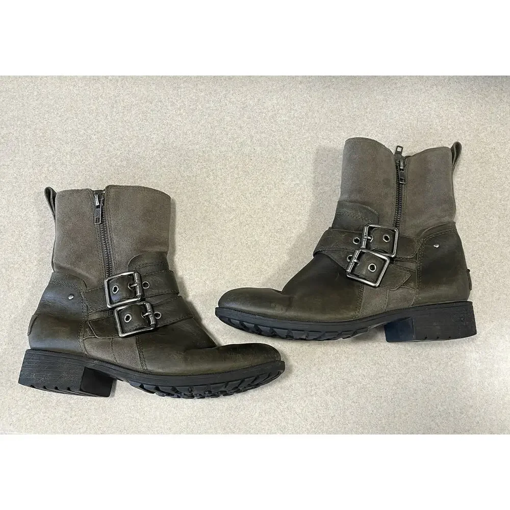 UGG WILDE Slate Leather Ankle Boots MOTO Riding Biker W/Buckles Women’s Size 7.5